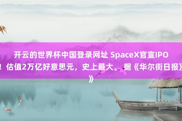 开云的世界杯中国登录网址 SpaceX官宣IPO！估值2万亿好意思元，史上最大。 据《华尔街日报》